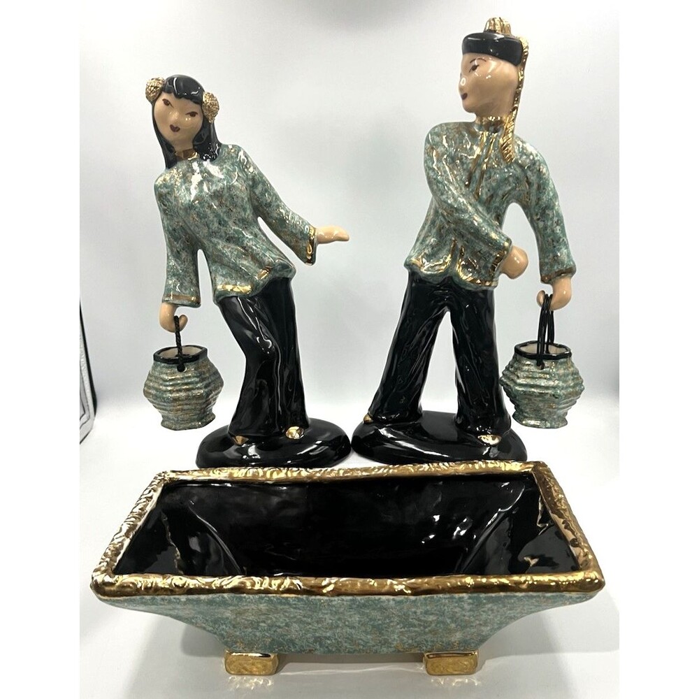 Vintage Hedi Schoop California Pottery Asian Couple Figurine & Planter 5pc Set